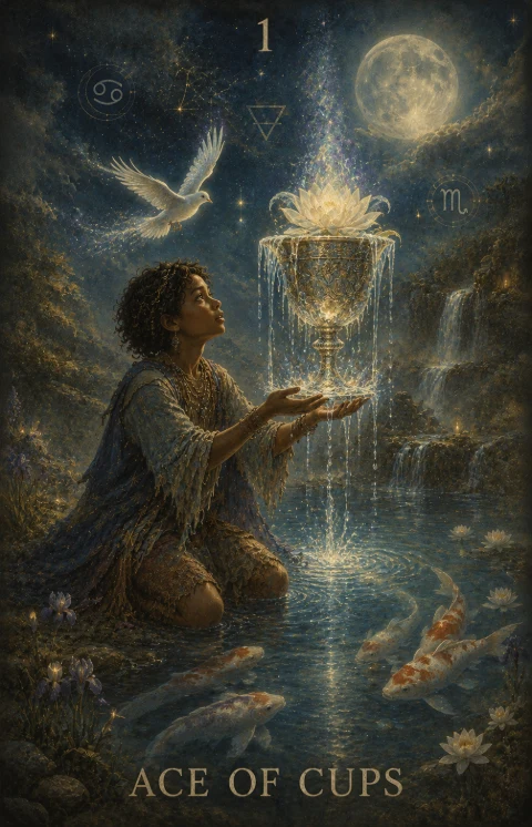 Ace of Cups from the Veilrise Arcana tarot deck