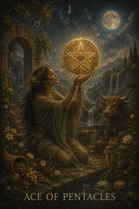 Ace of Pentacles from the Veilrise Arcana tarot deck
