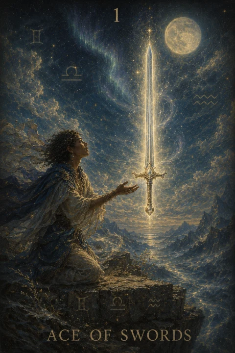 Ace of Swords from the Veilrise Arcana tarot deck