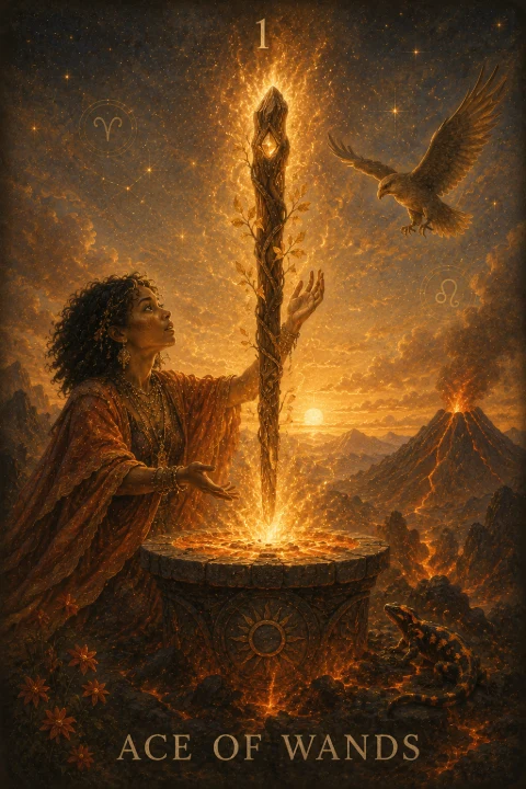 Ace of Wands from the Veilrise Arcana tarot deck