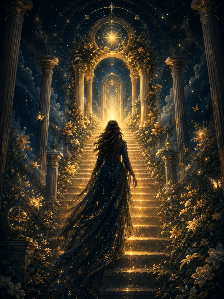 Figure ascending a luminous garden stairway toward a celestial gateway