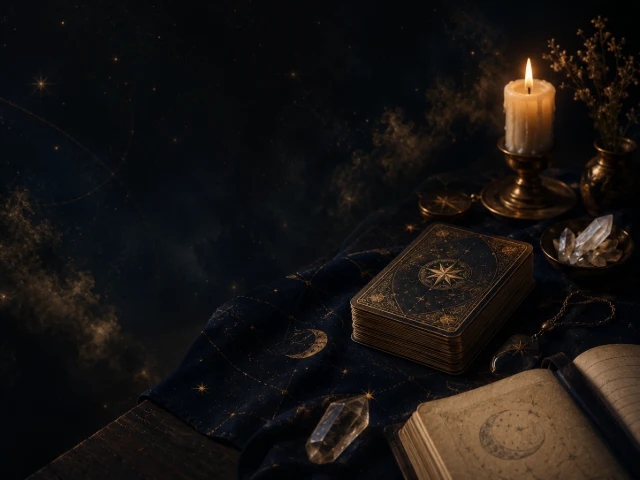 A tarot deck, candle, crystals, and open guidebook arranged for a first reading