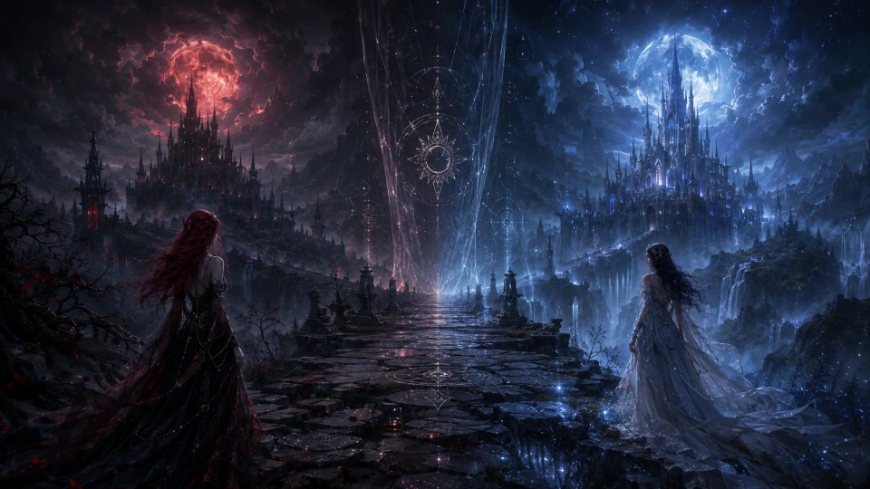 Blood Moon and Blue Moon realms facing one another across the Astral Veil