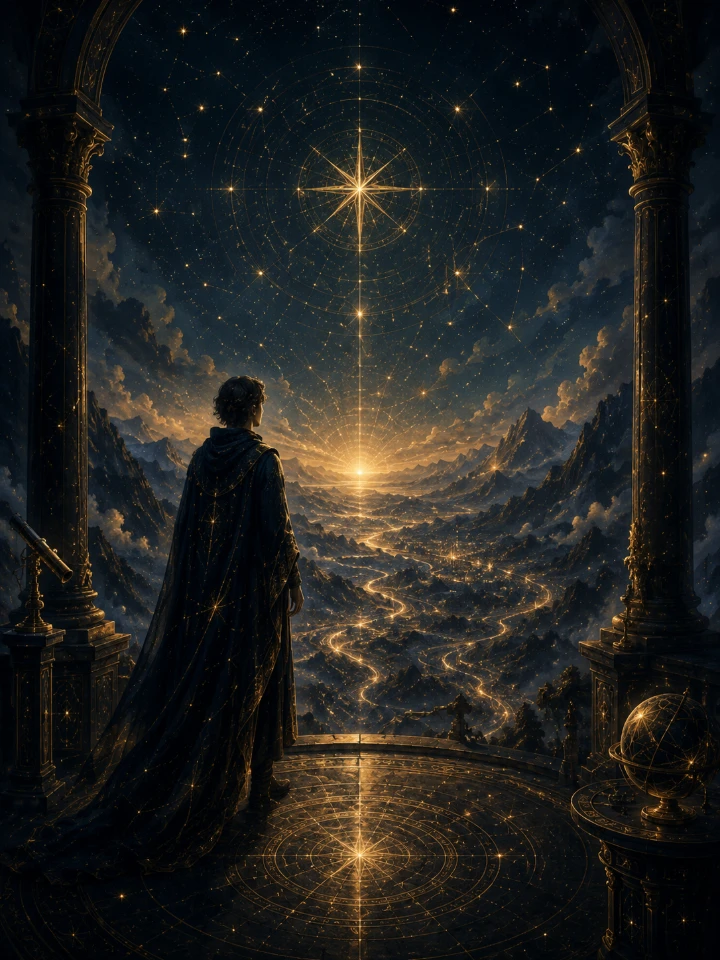 Traveler overlooking illuminated paths beneath a guiding star
