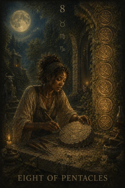 Eight of Pentacles from the Veilrise Arcana tarot deck