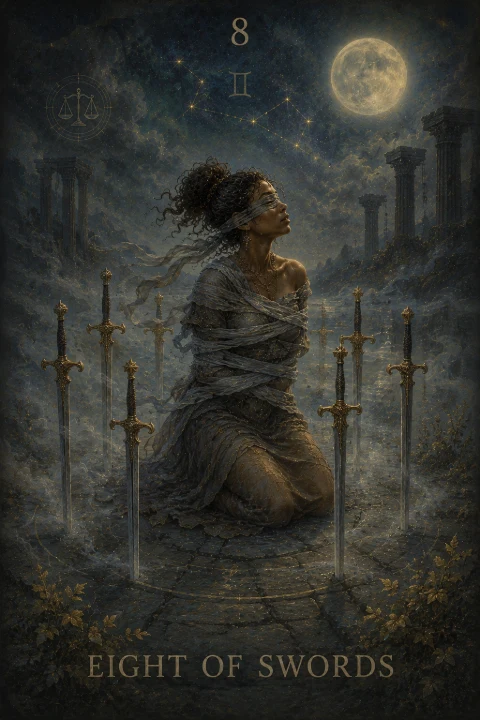 Eight of Swords from the Veilrise Arcana tarot deck
