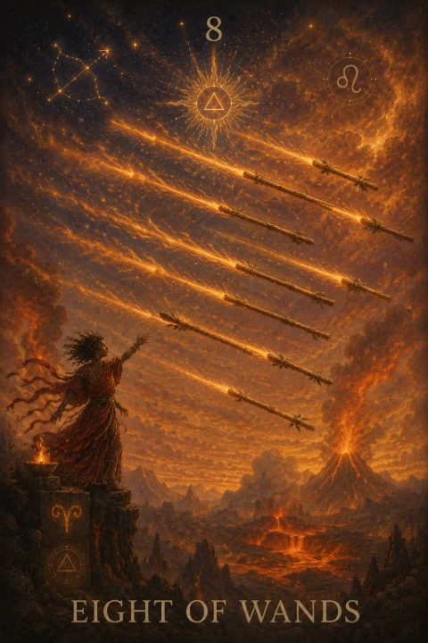 Eight of Wands from the Veilrise Arcana tarot deck