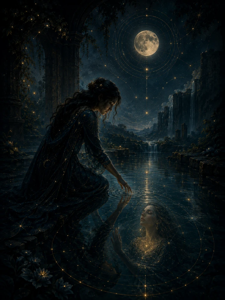 Woman touching reflective water beneath the moon