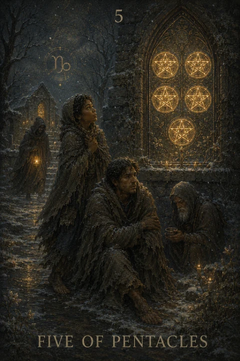 Five of Pentacles from the Veilrise Arcana tarot deck