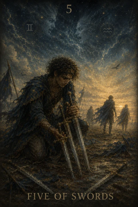 Five of Swords from the Veilrise Arcana tarot deck