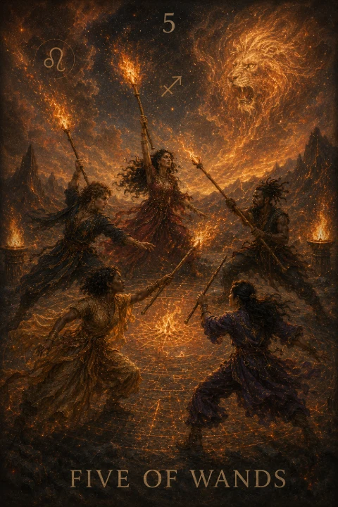 Five of Wands from the Veilrise Arcana tarot deck