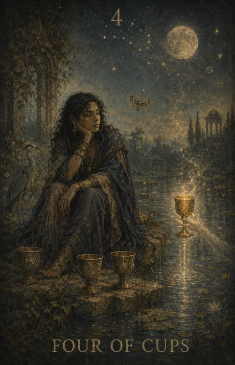 Four of Cups from the Veilrise Arcana tarot deck