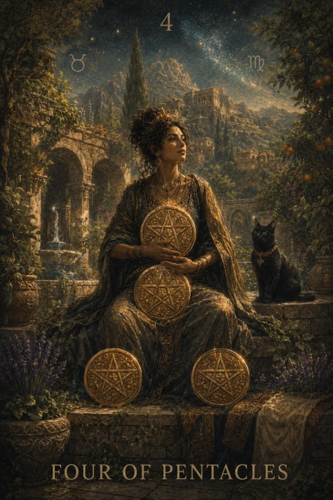 Four of Pentacles from the Veilrise Arcana tarot deck