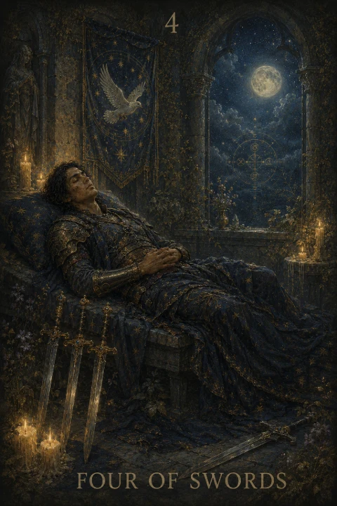 Four of Swords from the Veilrise Arcana tarot deck