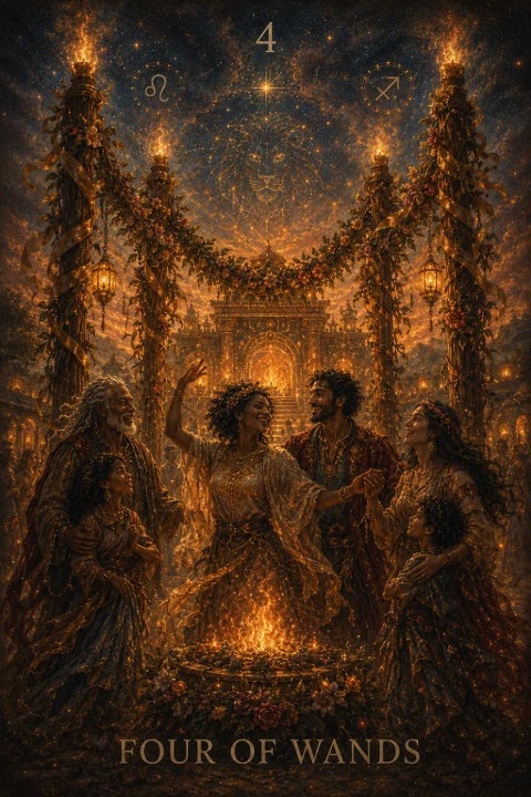 Four of Wands from the Veilrise Arcana tarot deck