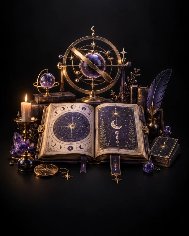 An open celestial archive volume surrounded by astronomical instruments