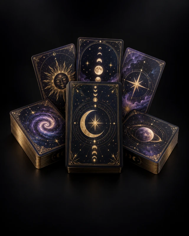 Astral Veil divination decks arranged beneath celestial symbols