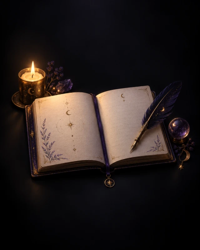 An open celestial journal beside a moonlit quill and candle