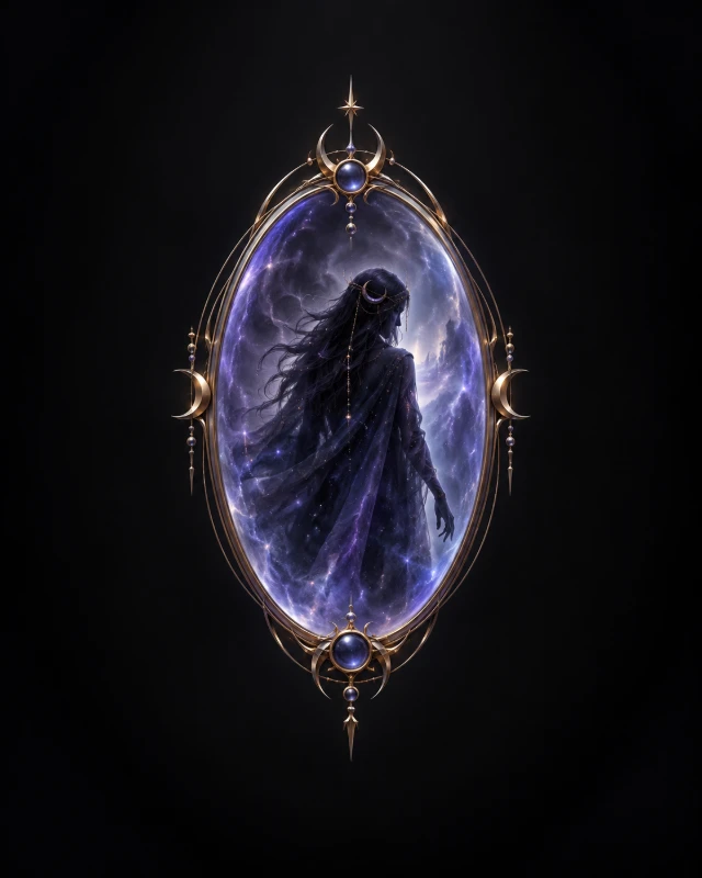 A Veilwalker framed within a luminous celestial mirror