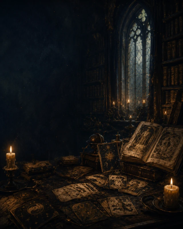 A candlelit archive of antique tarot cards, books, and a tall stained-glass window