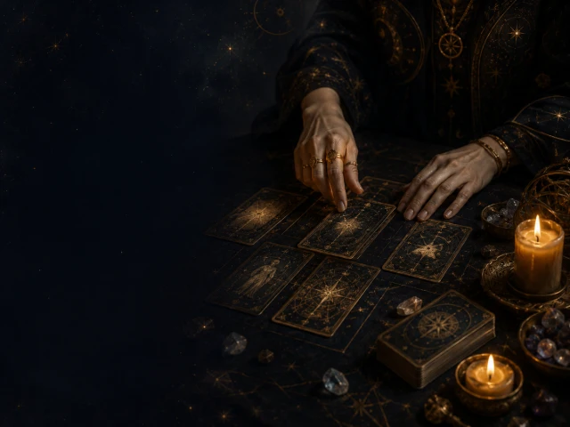 Hands arranging tarot cards beside candles and crystals during a reading