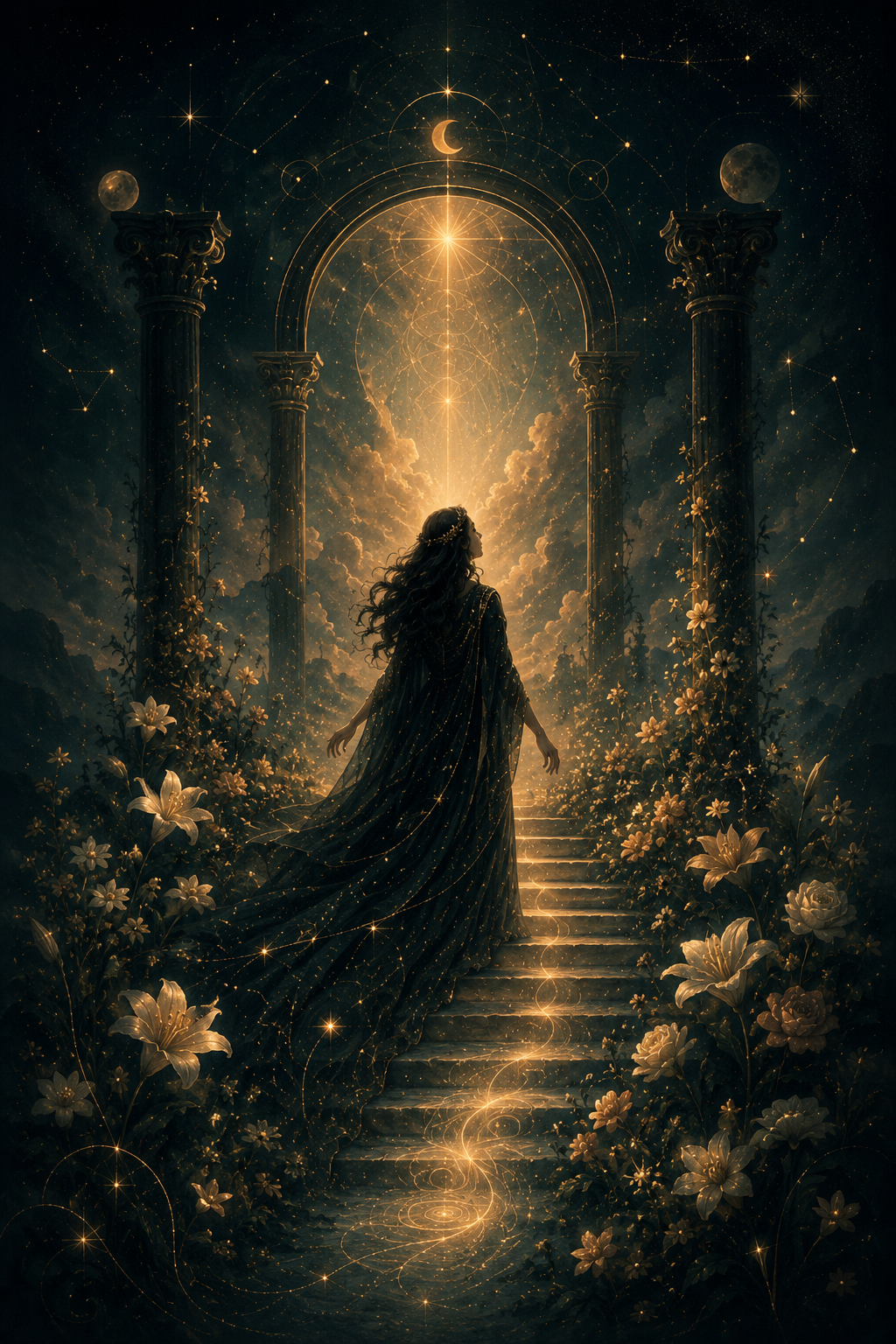 A rooted garden path rising toward an illuminated celestial doorway