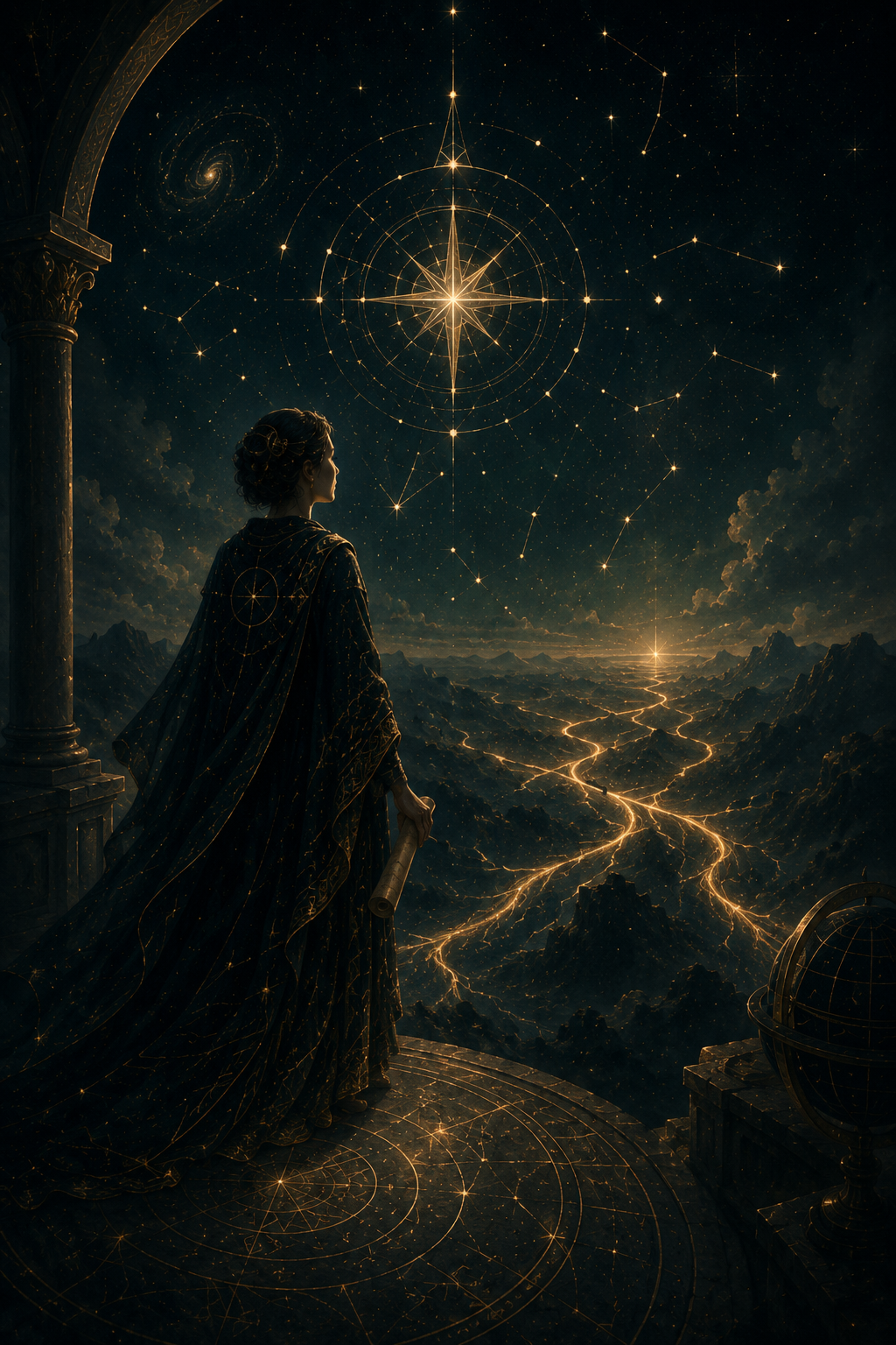 An illuminated celestial pathway seen from an observatory map room