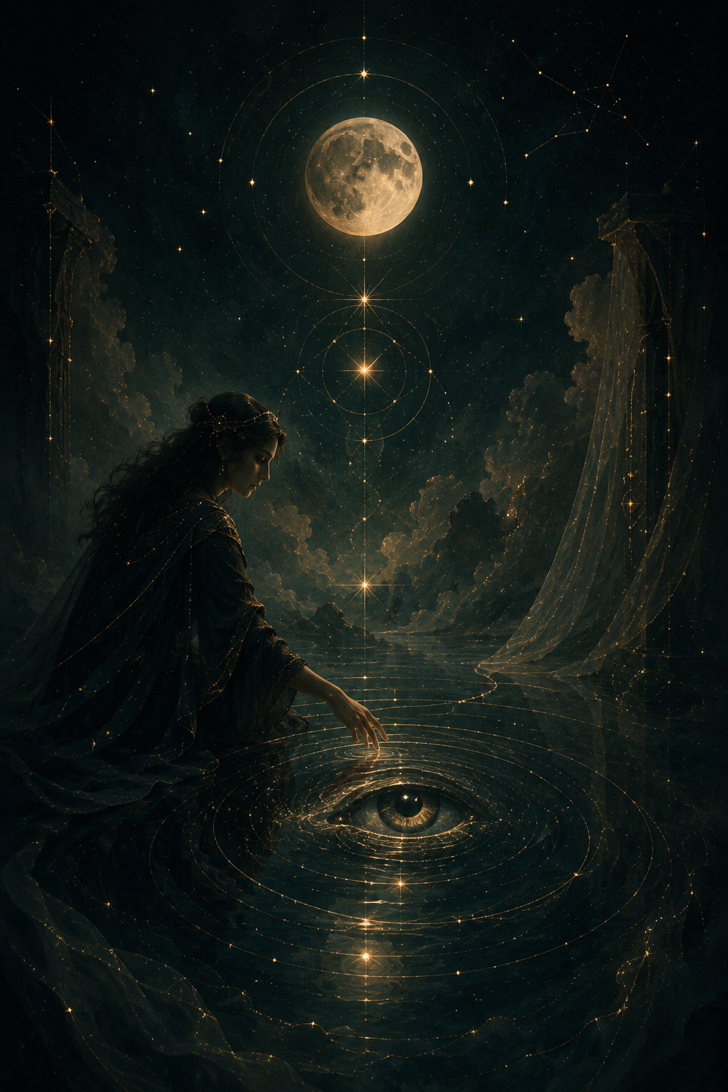 Moonlit ripples surrounding a reflective eye beneath a quiet observer