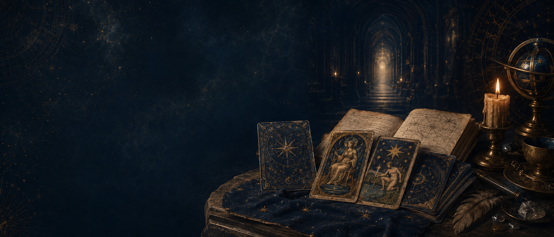 An illuminated archive corridor opening beyond Tarot cards, books, a candle, and celestial instruments