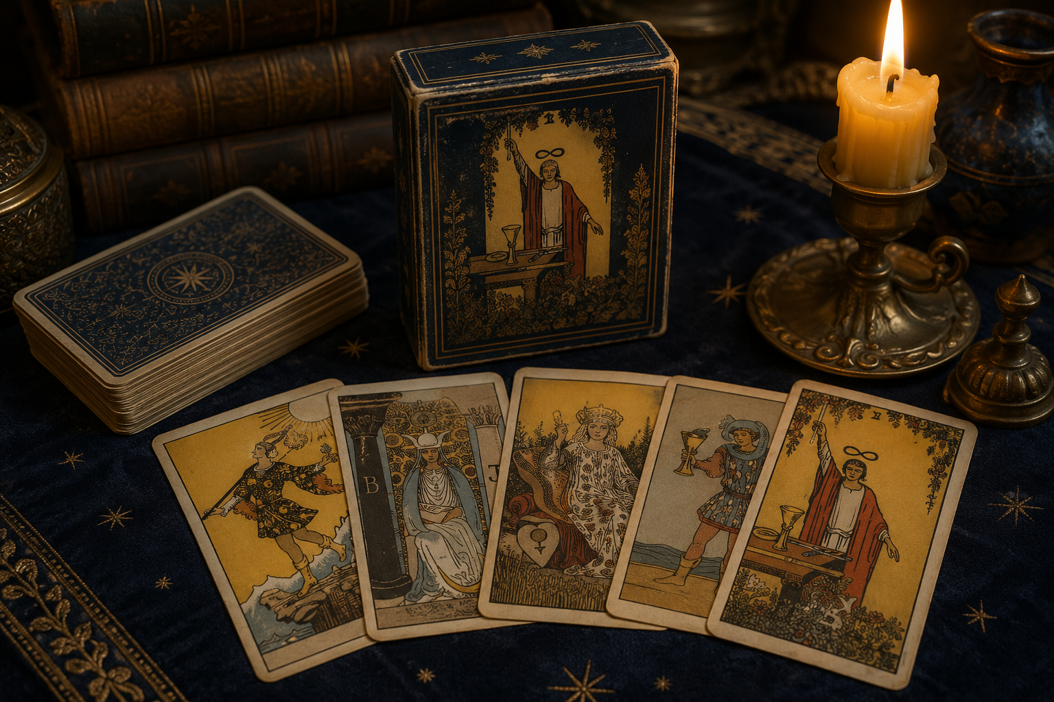 Early modern illustrated Tarot-inspired cards arranged beside a deck box and candle