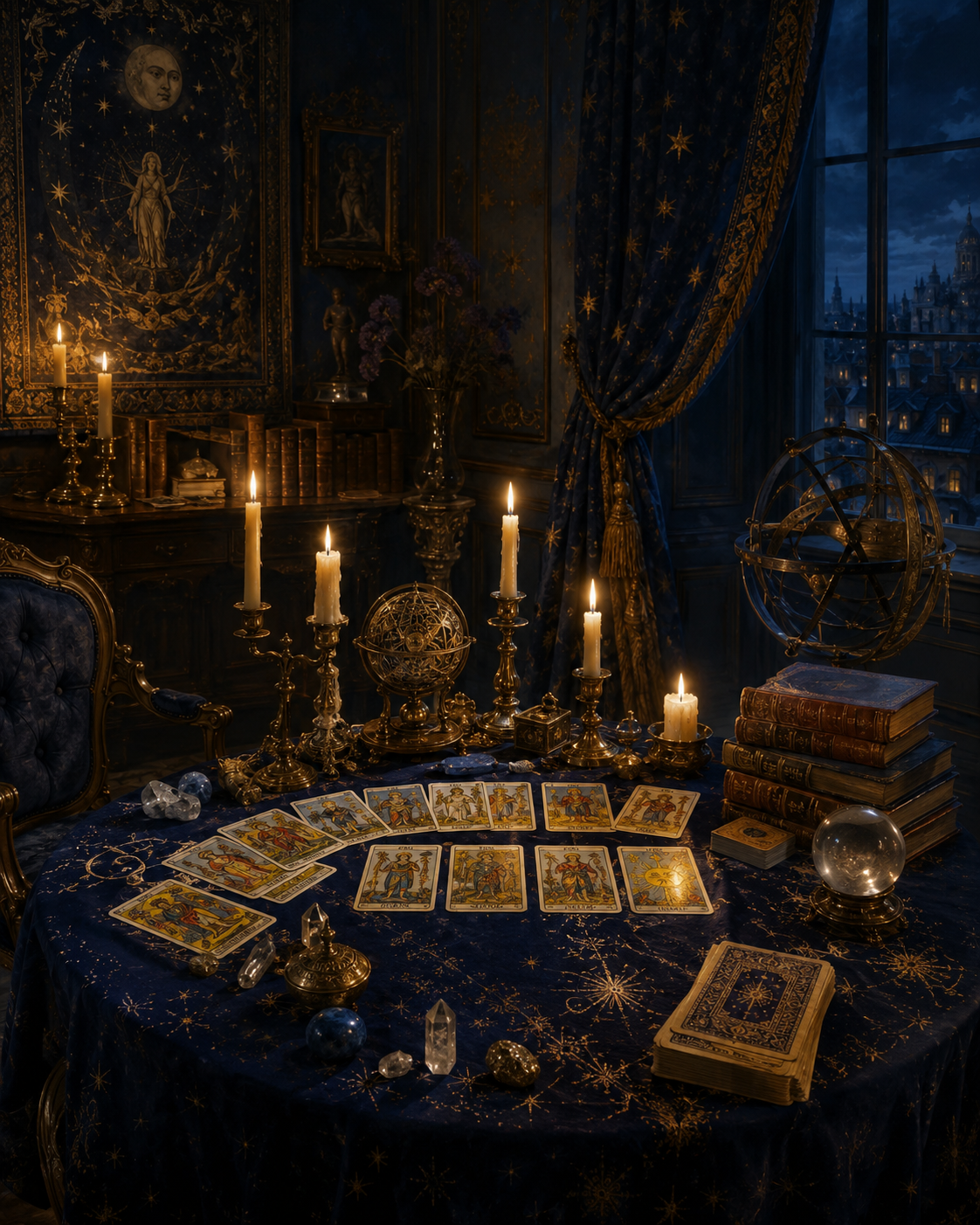 Marseille-inspired printed cards arranged in a candlelit European study