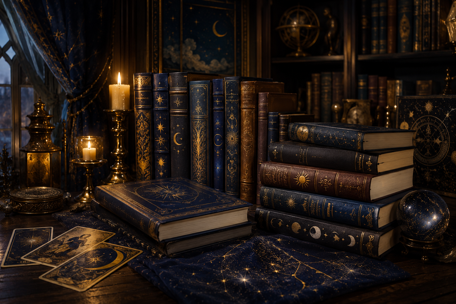 Antique books arranged in a dim archive with celestial details