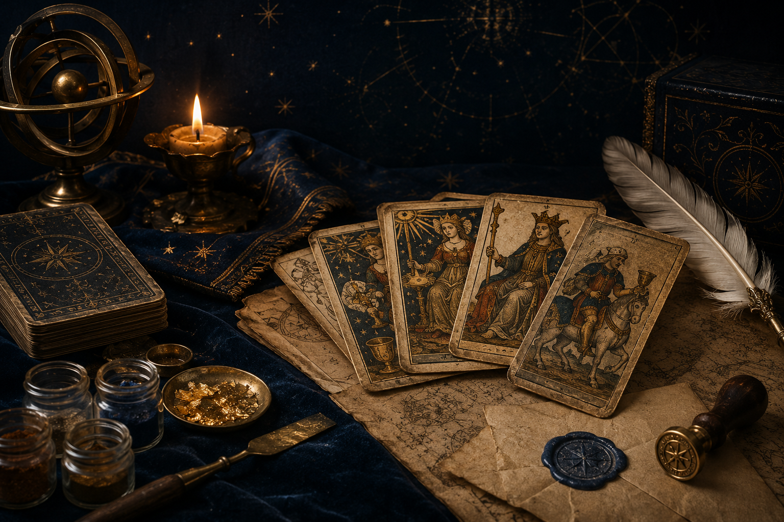 Painted and gilded Renaissance-inspired cards beside pigments, parchment, a quill, and celestial instruments