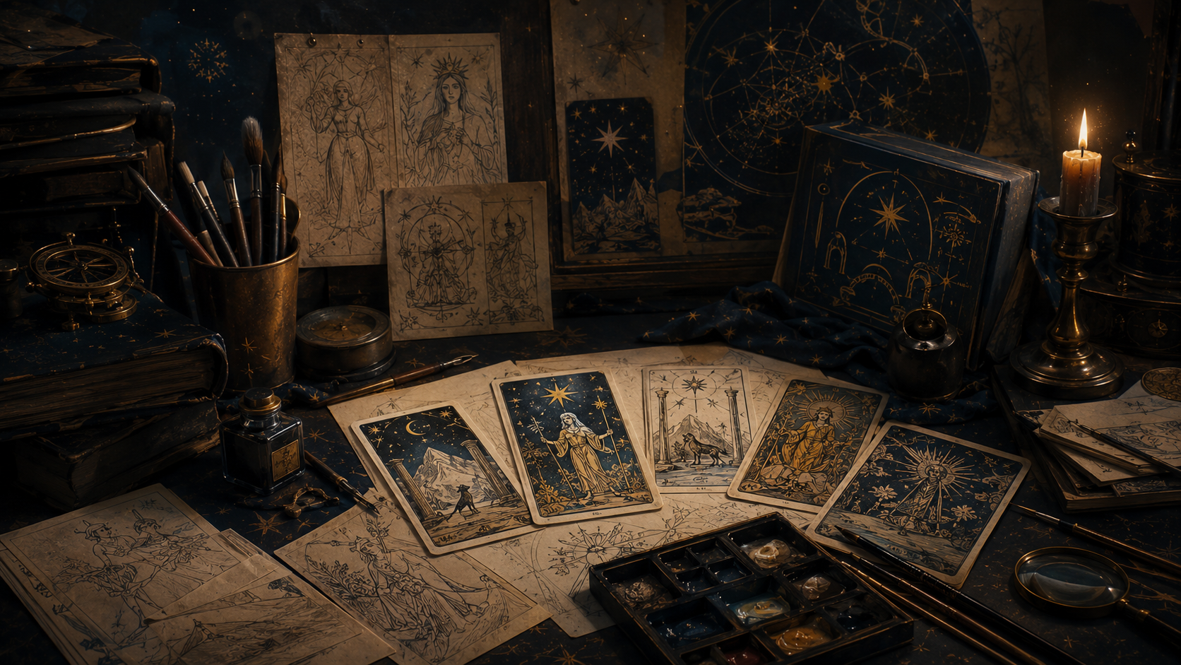 An artist studio filled with card sketches, painted Tarot-inspired scenes, books, brushes, and ink