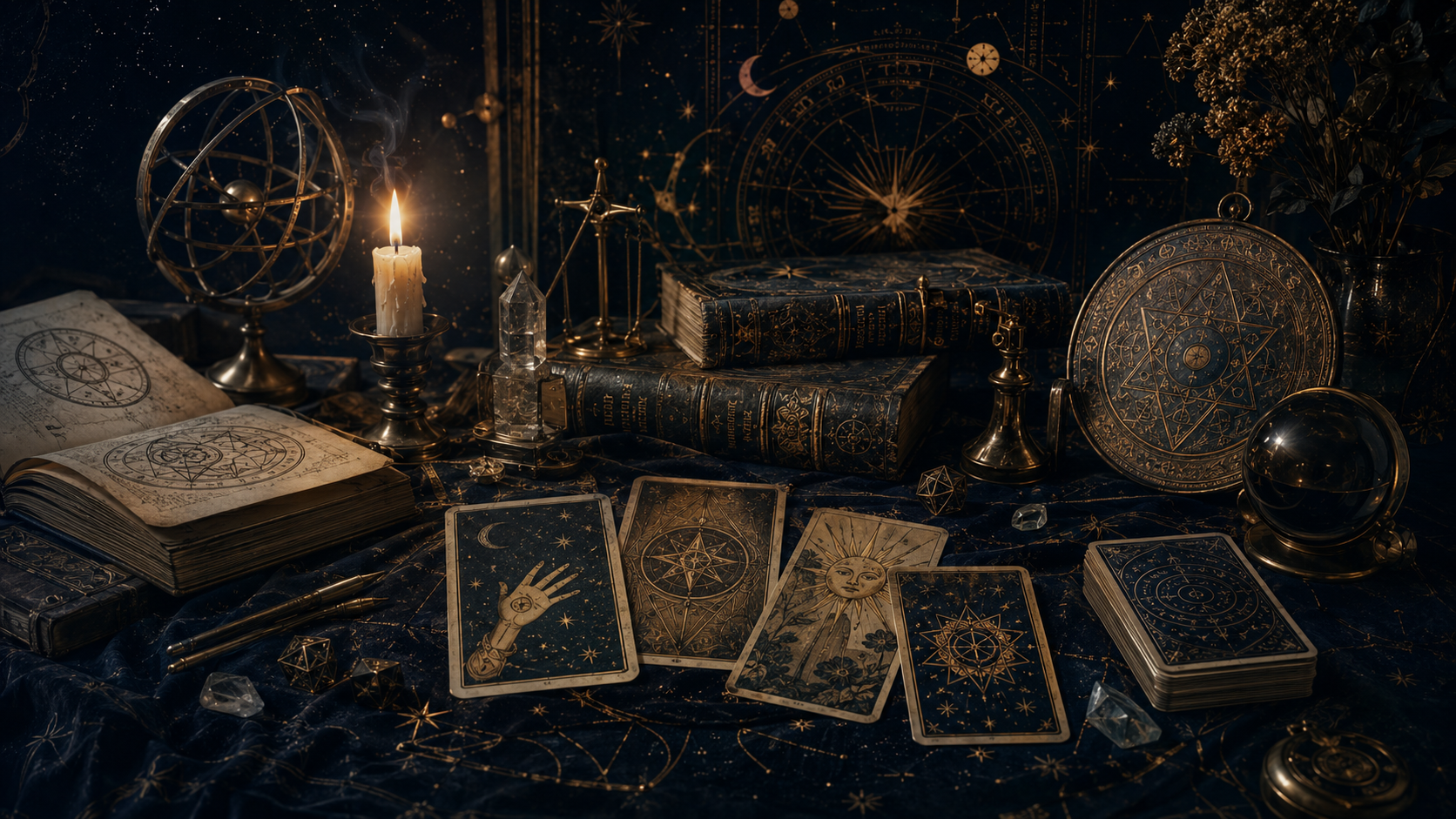 Books, cards, celestial instruments, and symbolic diagrams in a dark esoteric study