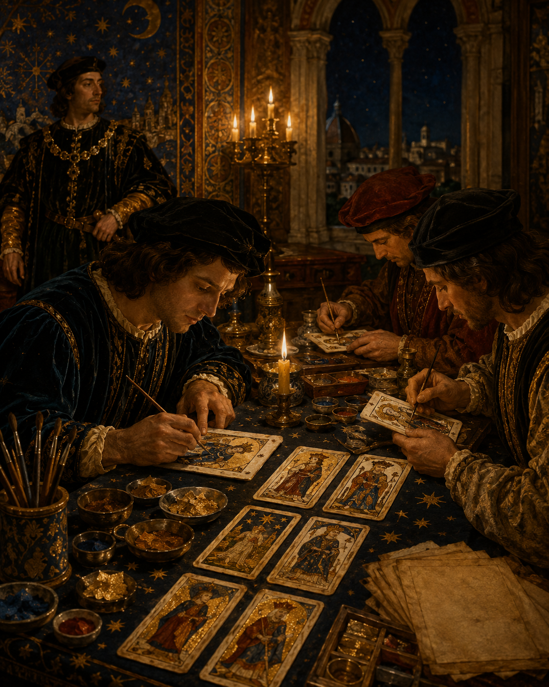 Renaissance-inspired artists painting and gilding an ornate set of playing cards