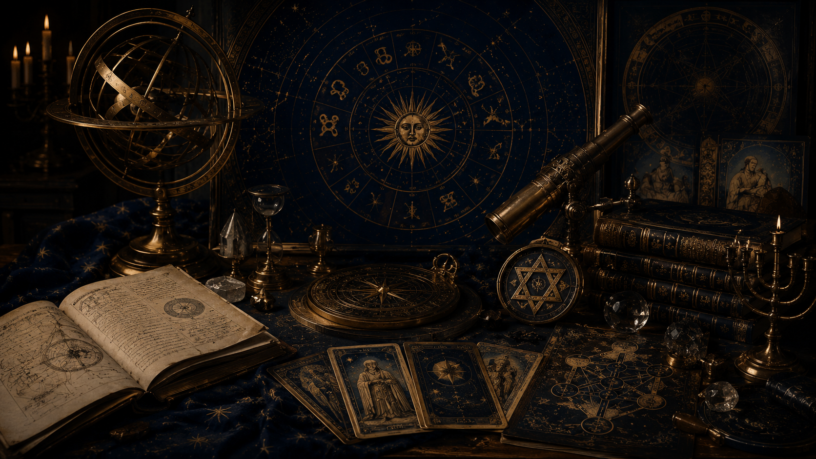 Tarot cards, geometric diagrams, books, and celestial instruments arranged in an esoteric study