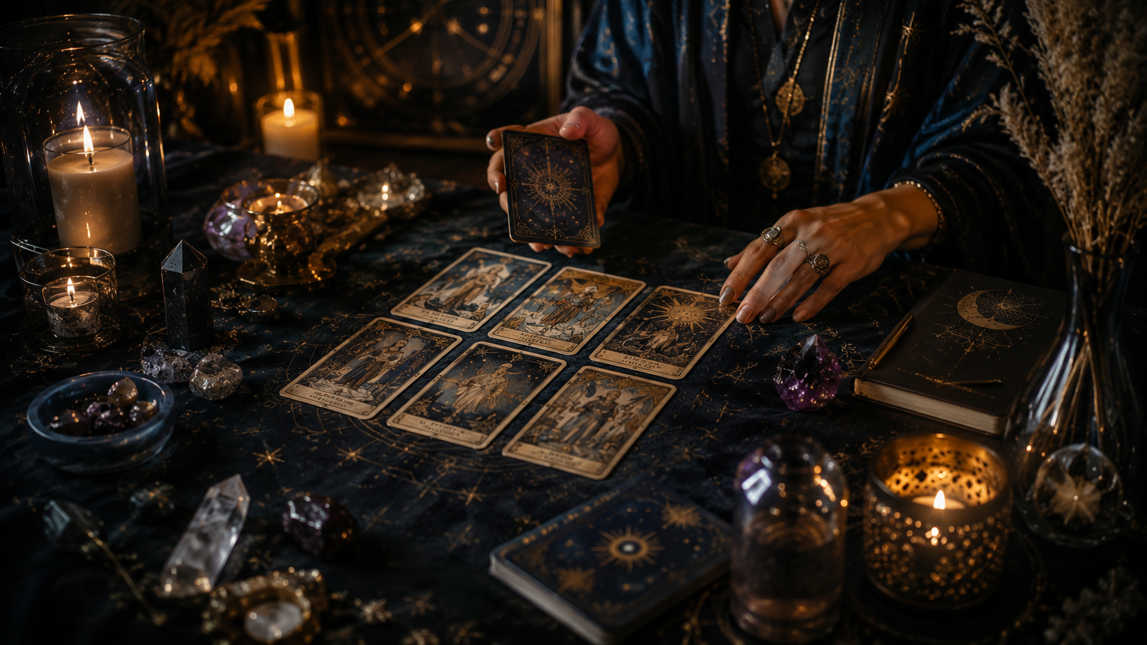 A contemporary reader reflecting over a wide Tarot spread in a candlelit setting