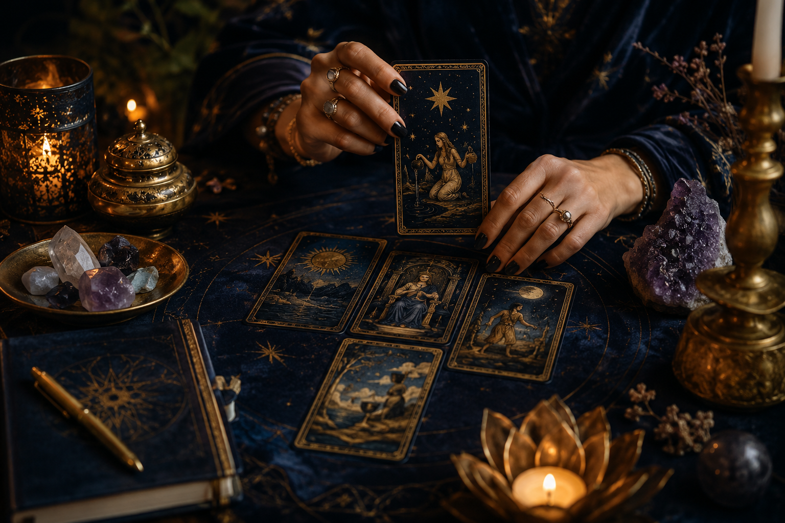 A journal beside a reflective Tarot spread in warm candlelight