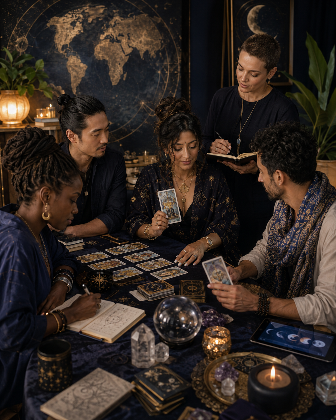 A contemporary international group studying Tarot cards together around a table