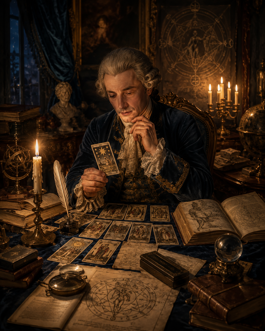 Eighteenth-century-inspired scholar studying a star card among books and symbolic diagrams