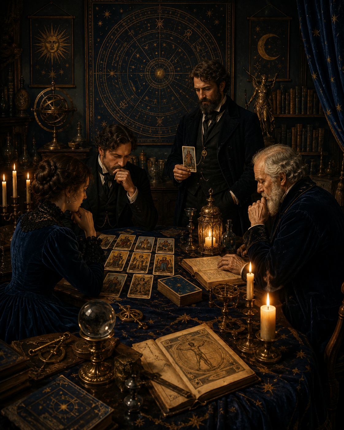 Victorian-inspired study circle examining cards beneath a celestial chart