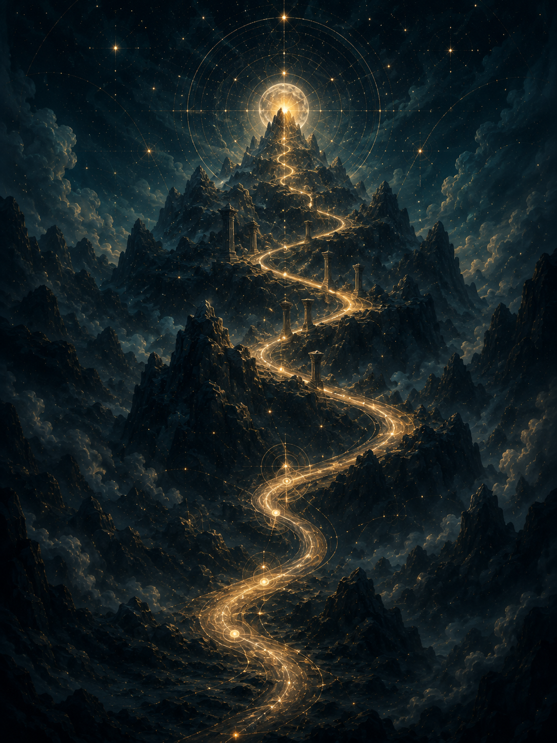 A luminous path winding through mountains toward a celestial summit.