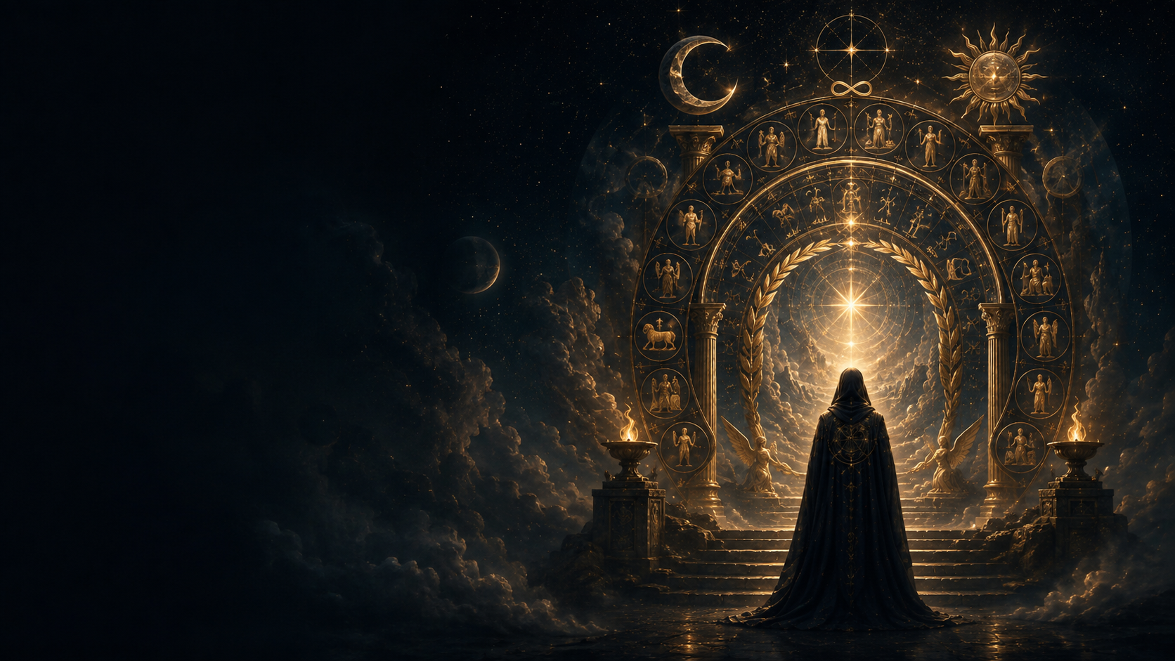 A cloaked traveler facing a luminous celestial arch marked with symbolic constellations