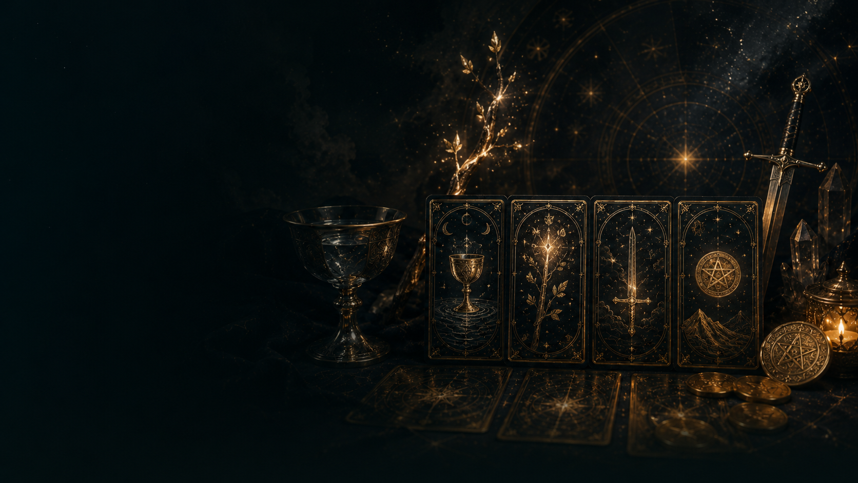 Four symbolic tarot suit cards arranged across a candlelit celestial table