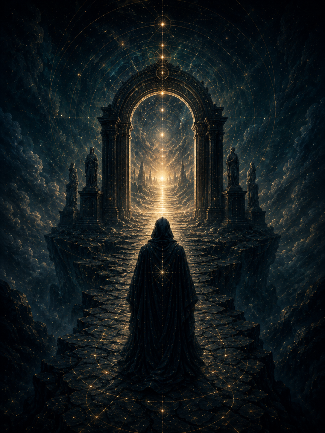 A traveler approaching a celestial gateway at the end of a symbolic path.