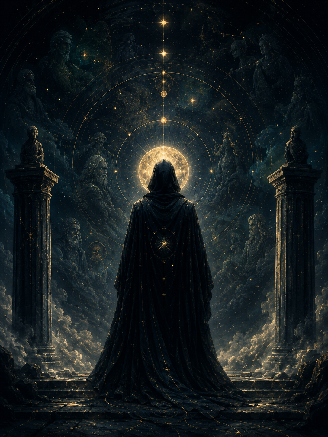 A cloaked figure surrounded by celestial archetypal forms.