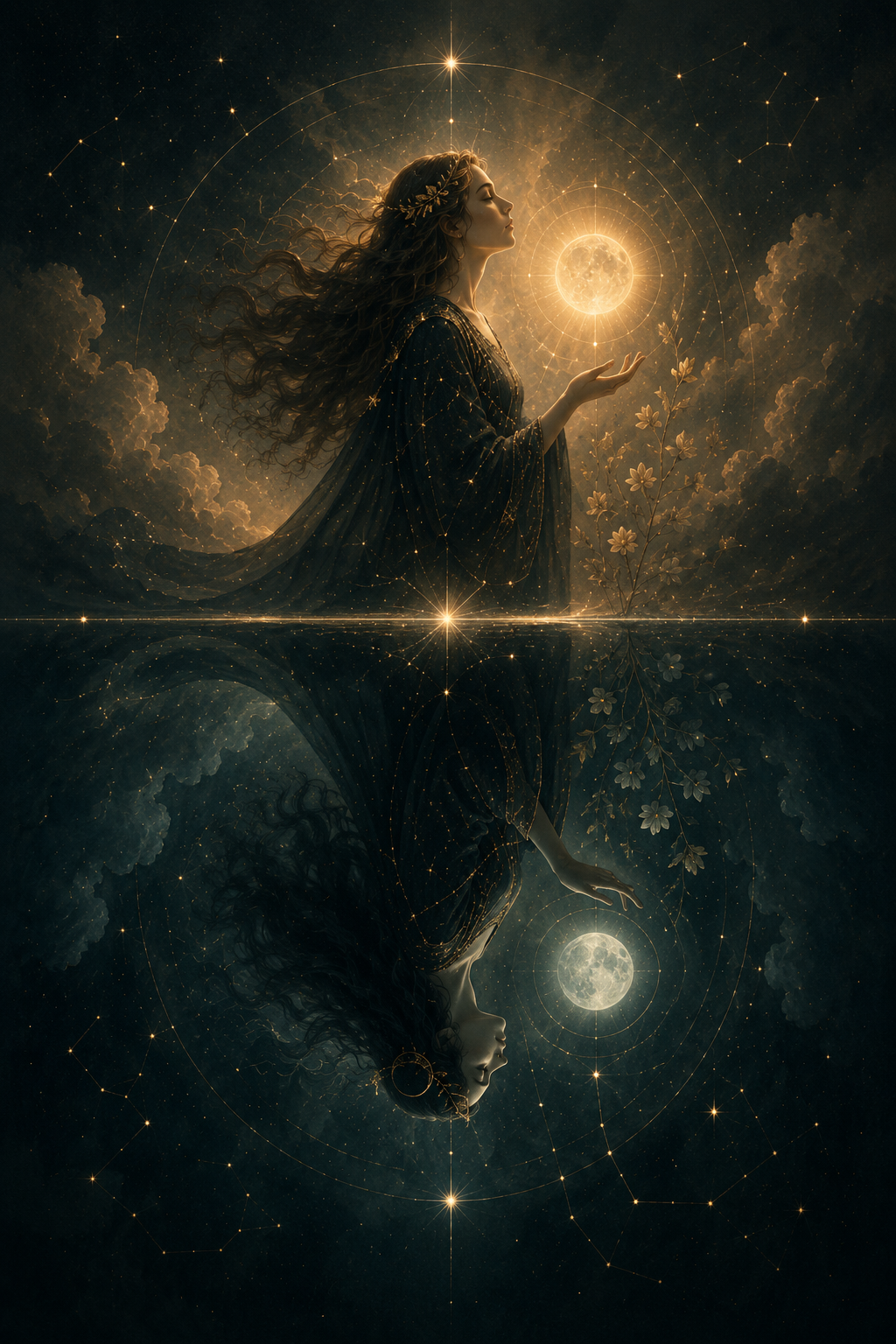 A moonlit reflection beneath a quiet map of stars and constellations