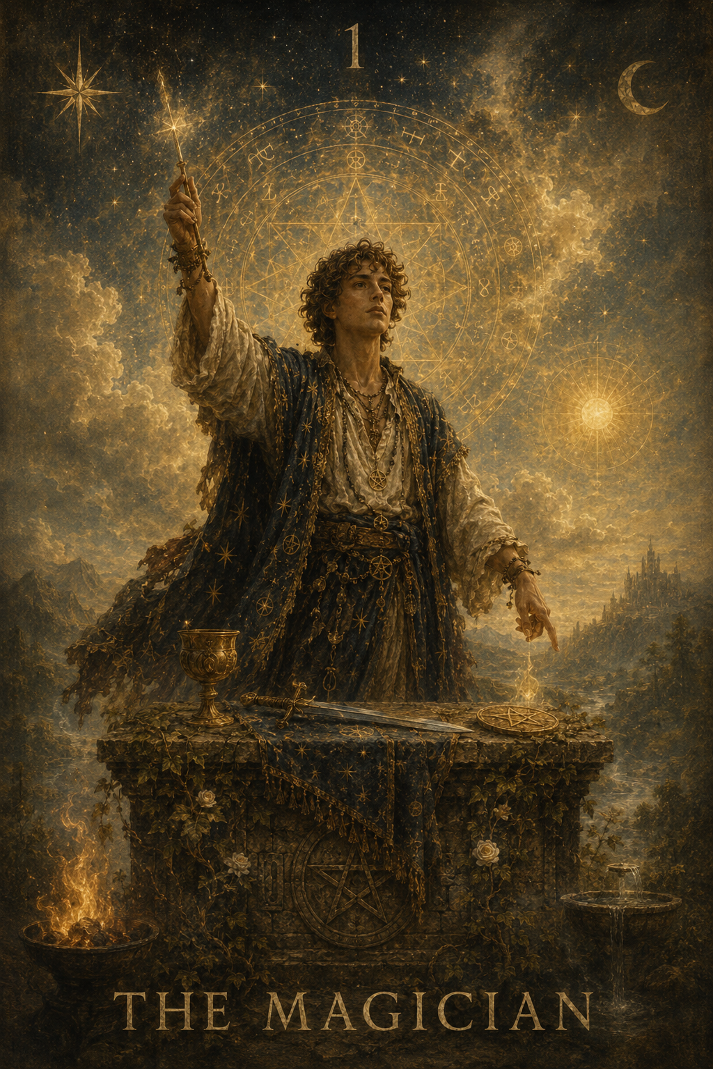 The Magician tarot card from the Veilrise Arcana deck