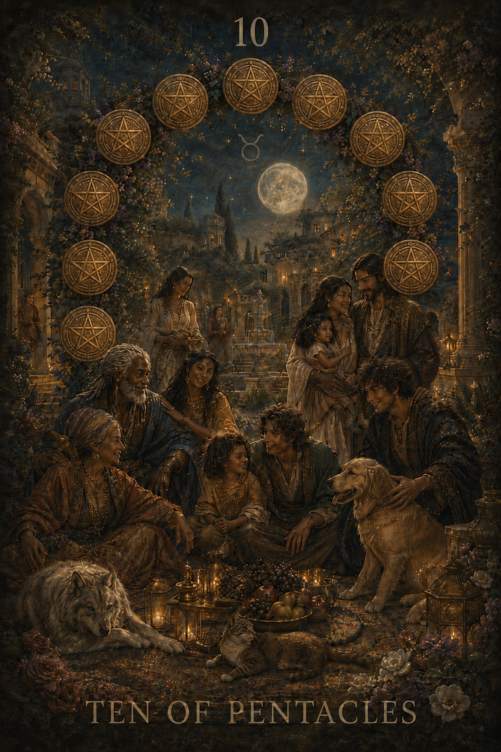 Ten of Pentacles representing the numbered progression of the Minor Arcana
